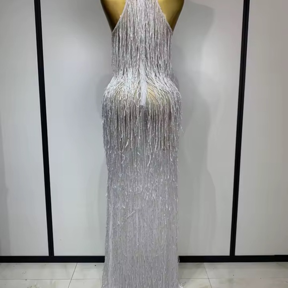 Glamorous Silver Fringe Halter Maxi Dress - Picture 2 of 3